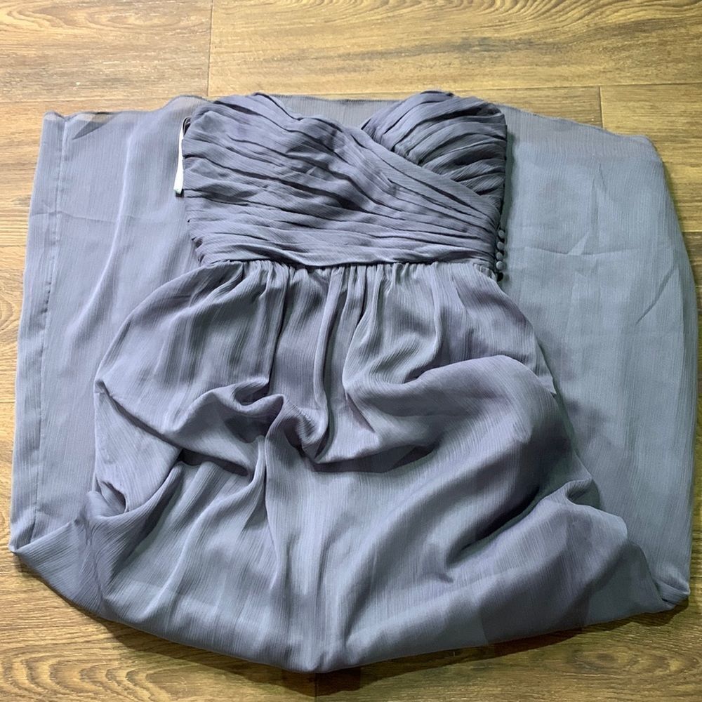 Gray strapless dress. Sweetheart drape cocktail dress. Formal long flowy gown